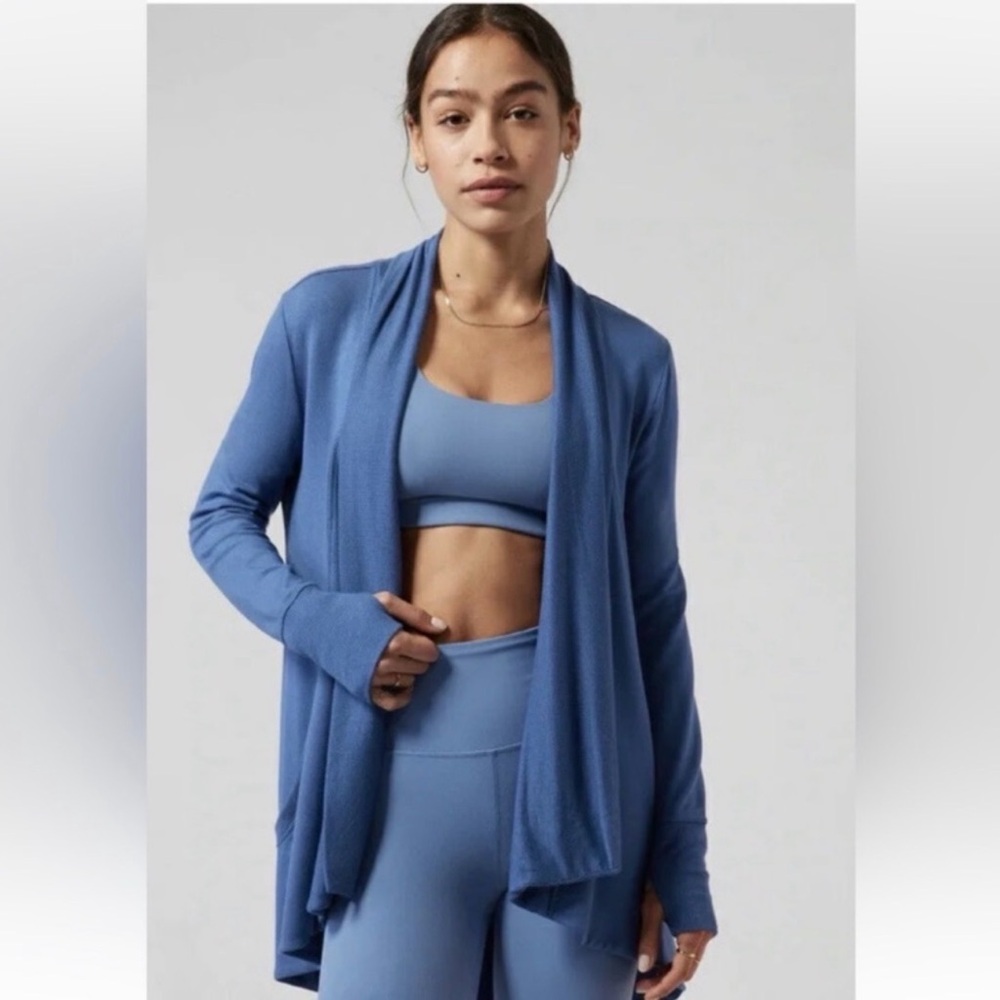 ATHLETA Women's Pranayama Wrap Cardigan Sweater Blue Pockets Thumbholes Sz M